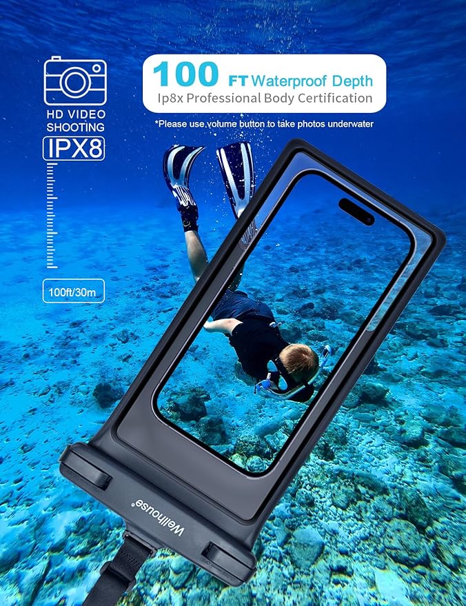 wellhouse Waterproof Phone Pouch, Waterproof Phone Case for iPhone17 16 15 14 13 Pro Max XS Samsung, IPX8 3D Cellphone Dry Bag Beach Essentials (2 Pack - Black & Green 8.0", 8 inch)
