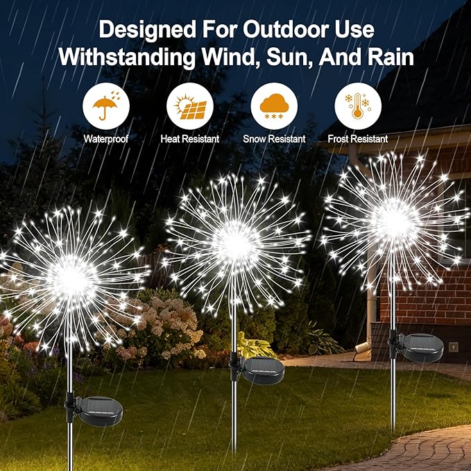 Solar Garden Lights Outdoor, 2 Pack 120 LED Twinkling Firework Lights Decorative with 2 Modes, Outdoor Waterproof Solar Starburst Light for Yard Pathway Planter Patio Decor, White