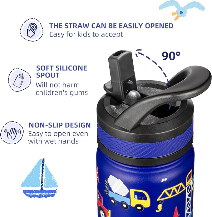 Fanhaw 18 Oz Kids Insulated Water Bottle with Straw - Stainless Steel Double Wall Vacuum Cup, Leakproof, BPA Free, Suitable for Boys and Girls(Blue - Under Construction)
