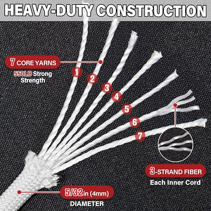 Paracord Rope 550 lb - 1000ft 5/32" Parachute Cord 4MM 7-Strand para Cord - Heavy Duty Spool String for Survival,Camping Gear, Survival Bracelet, Clothesline - White