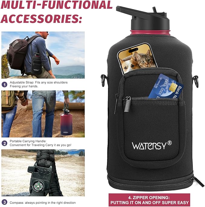 1 Gallon Water Bottle Insulated(Cold for 48 Hrs),BPA Free&Leak Proof,128oz Stainless Steel Water Jug,Large Water Bottle with Straw Spout Lids for Gym,Hiking,Camping&Travel,Red Purple