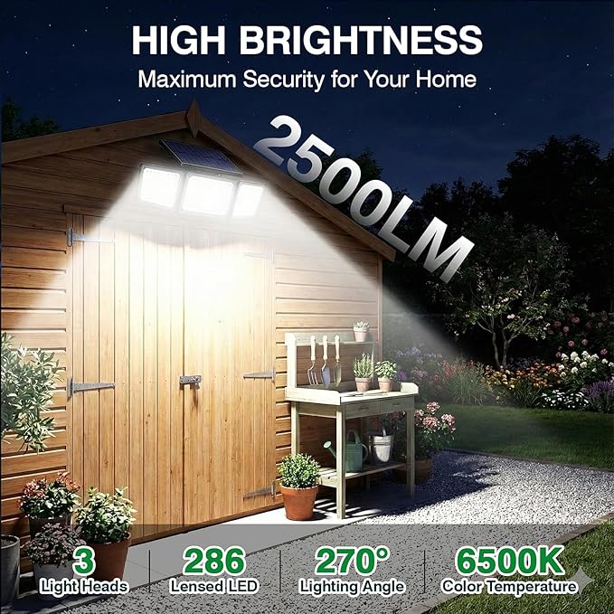 Solar Outdoor Lights Motion Sensor, 2500LM 286 LED Security Flood Lights with Visual Battery & Mode Display, 3 Lighting Modes, IP65 Waterproof 3-Head Wide Angle for Garage, Yard, Patio (2 Pack)