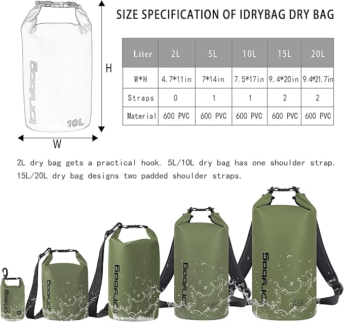 IDRYBAG Dry Bag for Kayaking Waterproof 2L/5L/10L/15L/20L, Small Dry Sack Waterproof Bag for Boating