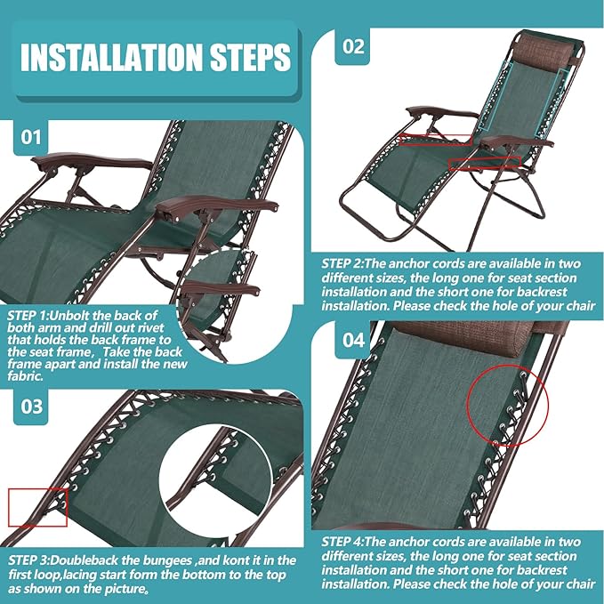 Queekay Chair Replacement Fabric with 4 Bungee Cord Lounge Chair Cloth Mesh Repair Kit for Patio Recliner Outdoor Lawn Pool(63 x 21 Inch,Dark Green)