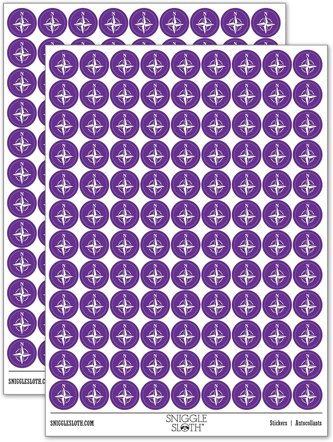 Compass Rose Nautical Star Navigation Map 200+ Round Stickers - Gloss Finish - 0.50" Size - Purple