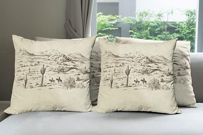 Ambesonne Western Decorative Throw Pillow Case Pack of 4, Wild West Landscape Illustration Mountains Desert Plants Cowboys on Horses, Cushion Cover for Couch Living Room Car, 24", Beige Black