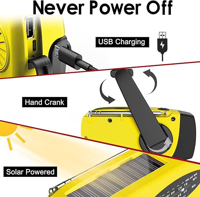 Emergency Hand Crank Radio with LED Flashlight for Emergency, AM/FM Portable Weather Radio with 2000mAh Power Bank Phone Charger, USB Charged & Solar Power for Camping, Emergency(Yellow)