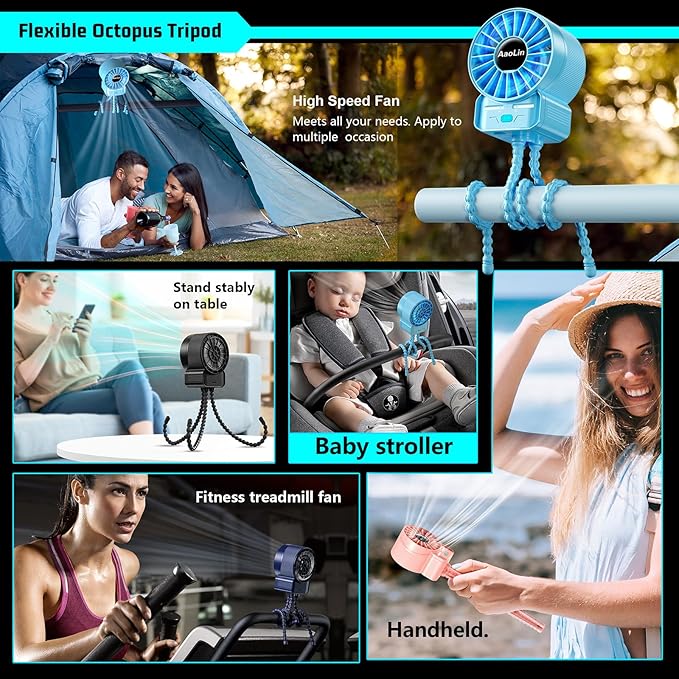 multifunctional USB rechargeable portable stroller small fan 4 speed 6600rpm high speed mini small handheld cooling fan extended flexible tripod for desktop wrap crib bike treadmill car kids gift