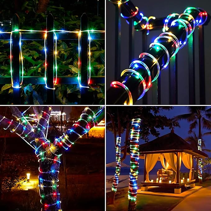 Solar Rope Lights, 2 Packs Total 66ft 200LED Solar String Lights, 8 Modes Waterproof Solar Powered Outdoor Light, Flexible Clear Tube Light for Garden Backyard Patio Deck Pool Tree Decor - Multicolor