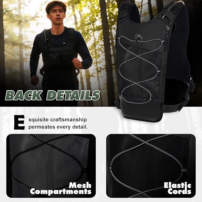 Hydration Running Vest Backpack with 2L Water Bladder - Lightweight & Reflective Chest Pack, Includes Tactical Gun Holster & Free Carabiner for Hiking, Running, Cycling, Marathon (Men & Women)