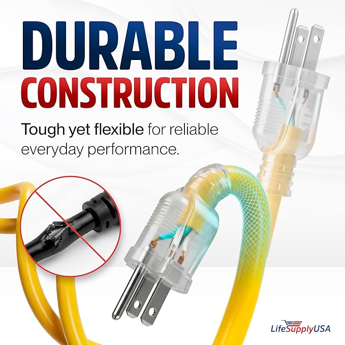 6ft Outdoor/Indoor Extension Cord 14/3 Gauge Heavy Duty 3 Prong SJTW, Waterproof, Flexible Cold-Resistant Long Power Cord,15A 125V 1875W, Yellow by LifeSupplyUSA