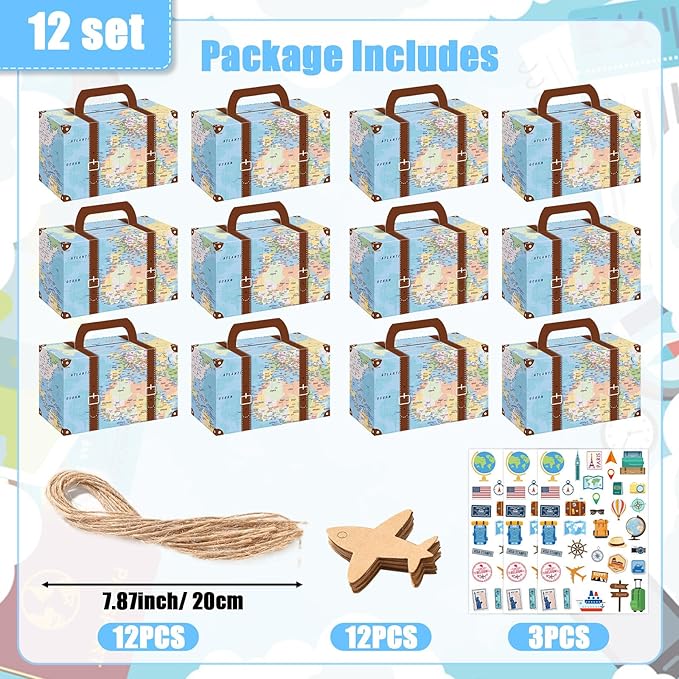 24Pcs Large Suitcase Party Favor Boxes Travel The Map Paper Treat Box with Tags Birthday Supplies Travel Theme Candy Goodie Gift Boxes for Birthday Baby Shower Wedding Adventure Party Table Decoration