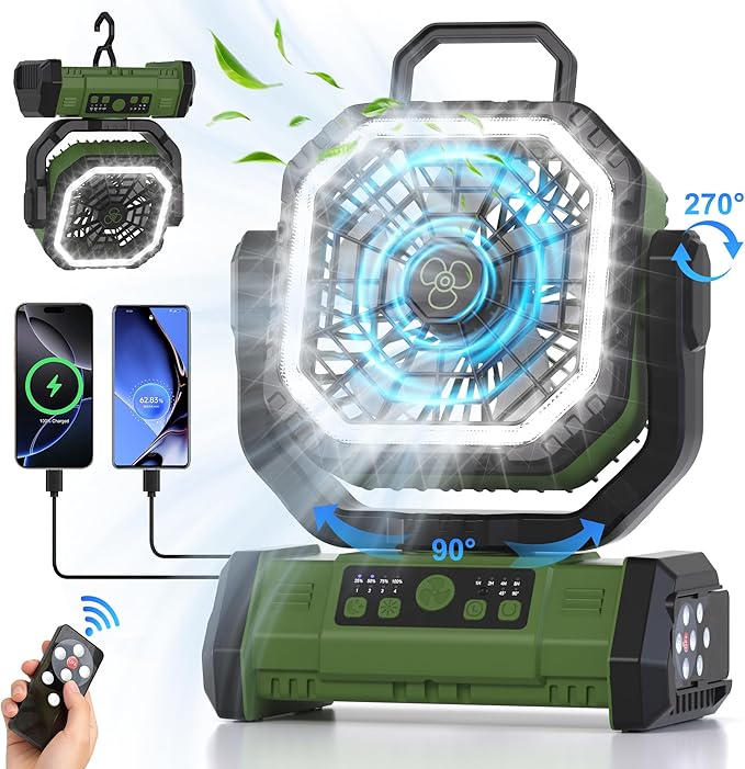 Honesorn Portable Rechargeable Fan 20000mAh, Camping Fan with LED Light & Remote, USB C Cordless Battery Powered, 4 Speeds Timer Hanging Hook for Travel Tent Outdoor Essentials - Green
