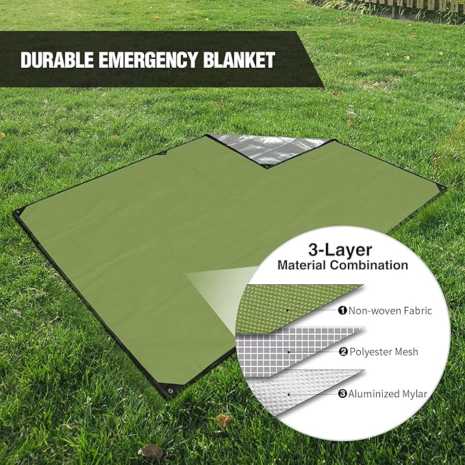 RedSwing 2-Pack Heavy Duty Survival Blanket, Waterproof Emergency Thermal Tarp, Multipurpose Reflective Insulated All Weather Blankets for Camping Hiking, Green,11.8 x 8.5 ft