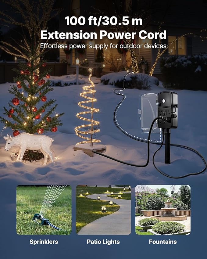 VEVOR Outdoor Power Stake Waterproof, 100 FT Extension Cord, Outdoor Power Strip, Weatherproof with Cover and Overload Protection, 6 Outlets, 13A/1625W for Halloween/Christmas Lights Decorations