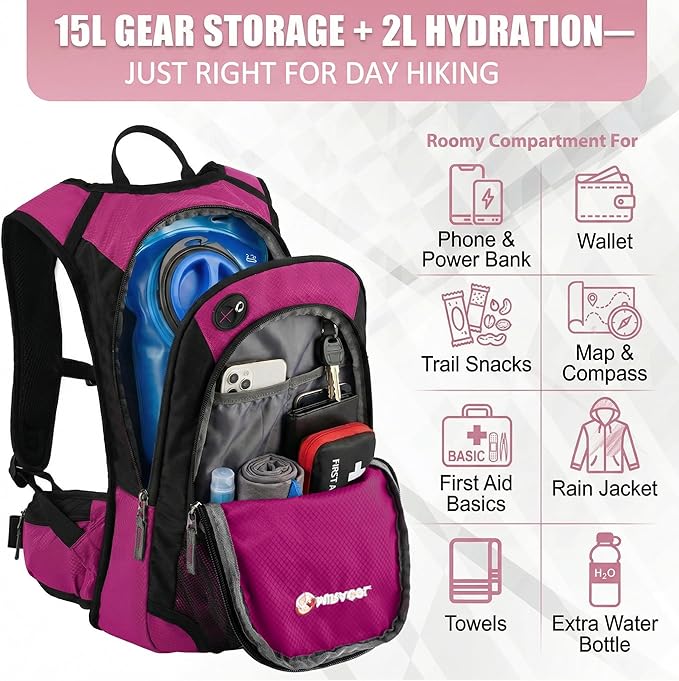 Miracol Hiking Hydration Backpack with Bladder: 2L Water Reservoir for 8H Hydration - Insulated Keep Water Cold 4 Hours - Adjustable Straps Comfortable for Day Hiking/Cycling/Half Marathon (Rose)
