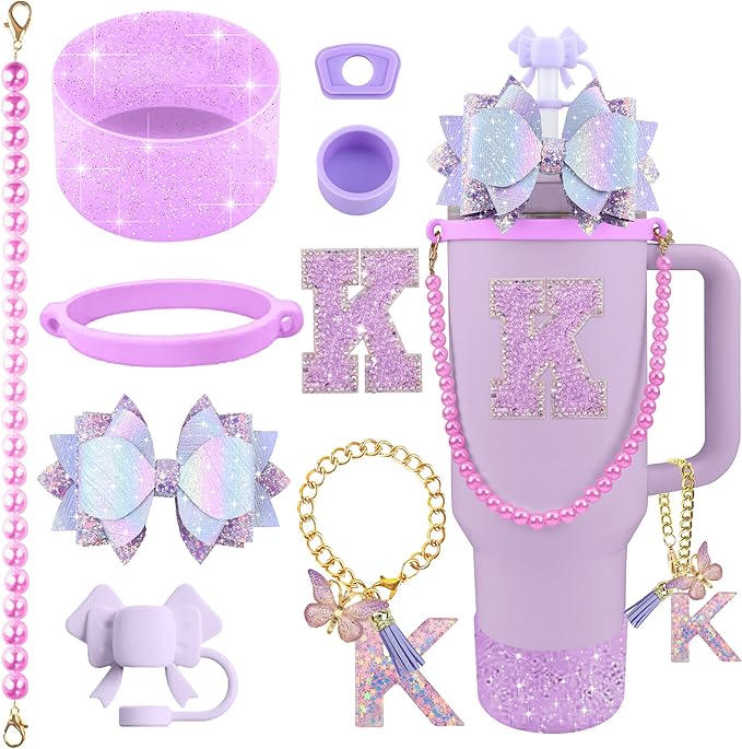 9PCS Purple for Stanley Cup Accessories Set Bling Initials Bow Charms for Stanley Decorations 30/40 Oz Tumbler Accessories Including Bow Straw Topper, Handle Strap, Spill Stopper（Letter K）