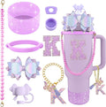 9PCS Purple for Stanley Cup Accessories Set Bling Initials Bow Charms for Stanley Decorations 30/40 Oz Tumbler Accessories Including Bow Straw Topper, Handle Strap, Spill Stopper（Letter K）