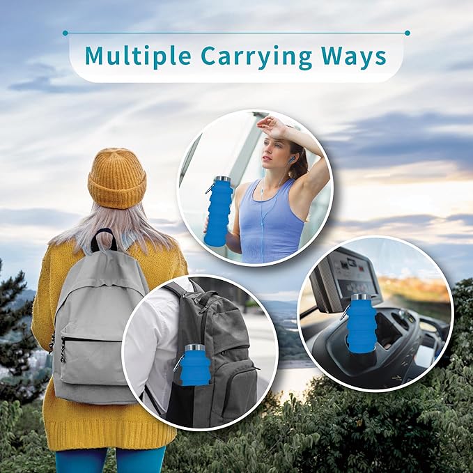 Collapsible Water Bottles 17oz, Odorless BPA-Free Silicone, Leak-Proof Foldable Reusable Bottle - Perfect for Travel Sports Gym Hiking Camping Cycling - Light Blue