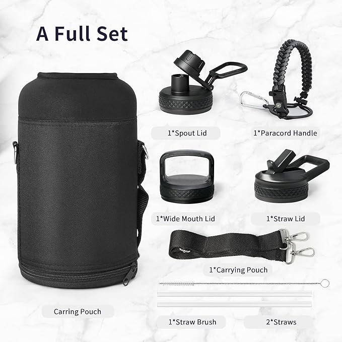 Trebo Water Bottle 64oz with Paracord Handle, Half Gallon Large Vacuum Triple Wall Stainless Steel Insulated Water Jug with Straw Spout Handle Lids, Leakproof BPA-Free Keep Cold & Hot, Dark Gray