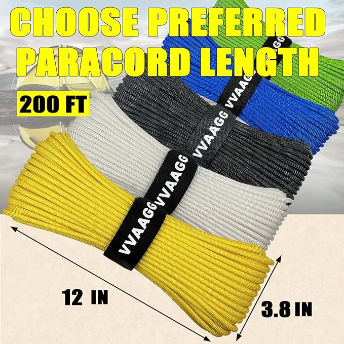 VVAAGG 1000 Paracord Rope 200FT, 4mm Utility Parachute Cord 12 Strand Nylon Rope for Camping, Tent, Clothsline, Outdoor Hiking, Fishing (Yellow, 200FT)