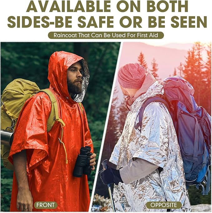 Tellegloww Emergency Ponchos with Polyester Film Blanket Liner Waterproof Windproof Thermal Survival Blanket Rain Ponchos