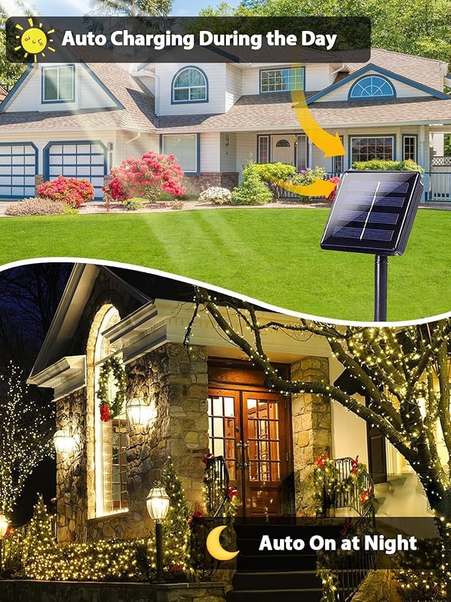 4 Pack Total 800 LED Solar Christmas Lights Outdoor, Solar String Lights for Outside with 8 Modes, Waterproof Green Wire Solar Powered Tree Light for Xmas Party Yard Garden Decorations (Warm White)