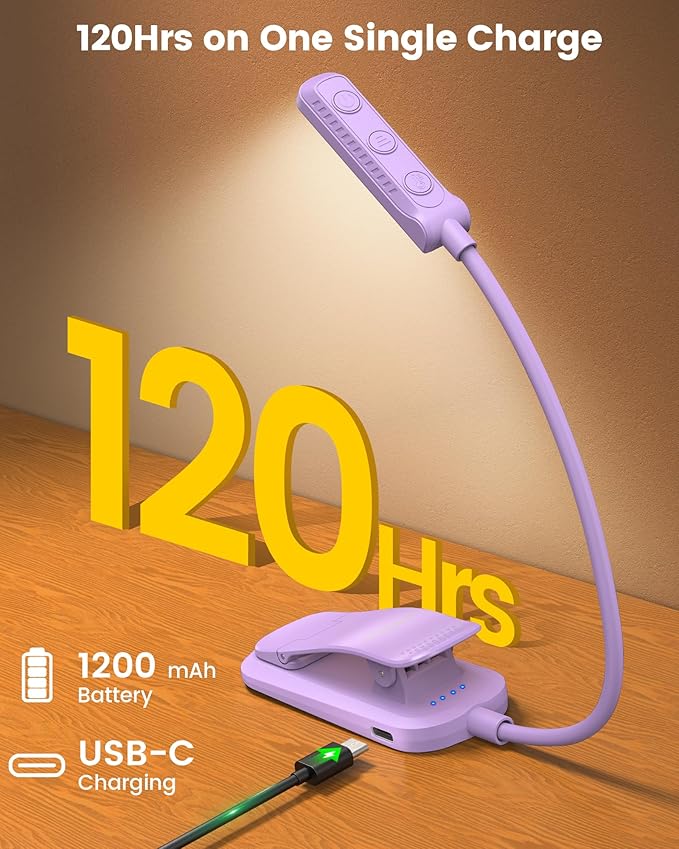 Glocusent 13 LEDs Book Lights for Reading at Night, 120 Hrs Runtime Rechargeable Reading Light, Eye Caring 3 Colors & 5 Stepless Dimming Brightness 3–60LM, Flexible Clip on Light for Book Lovers Kids