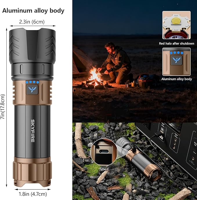 SKYFIRE Rechargeable Flashlights High Lumens Plus with Ignition Lens,3000lm Super Bright Flashlight,7500mAh,Zoomable,Waterproof Tactical Flash Light for Camping Essentials Outdoor Home&Gifts-Upgraded