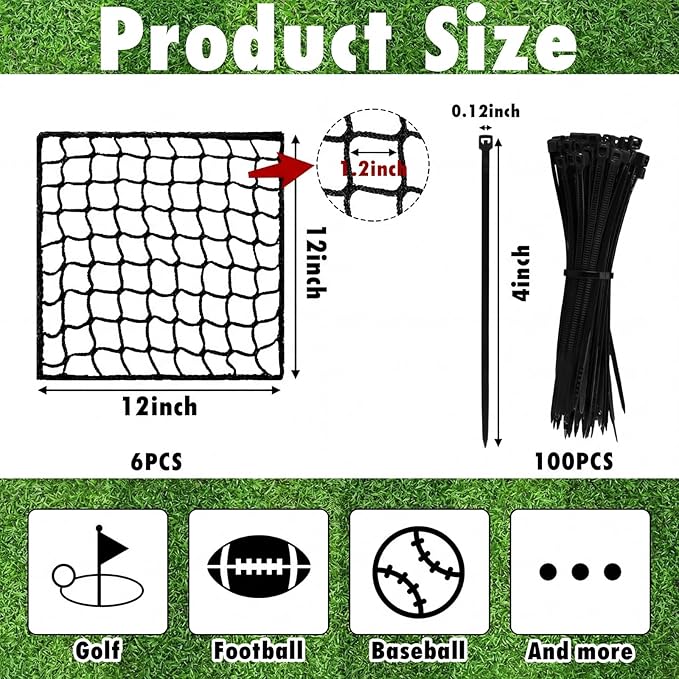 6 Pcs Universal Net Repair Kits with 100 Pcs Zip Ties Golf Goal Nylon Netting Hole Replacement Patch for Baseball Batting Cages Hockey Football