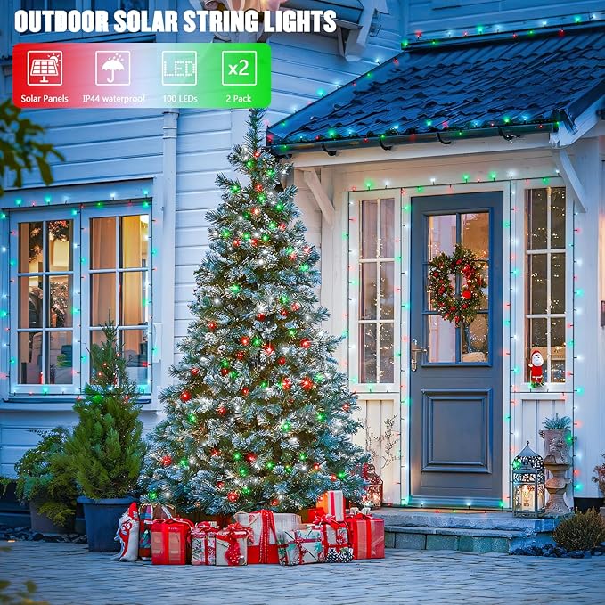 JMEXSUSS 2 Pack Solar String Lights Outdoor Waterproof, Total 66 FT 200 LED Solar Christmas Lights Outdoor, Twinkle Light for Christmas Tree Outside Garden Yard Xmas Decor, Red White and Green