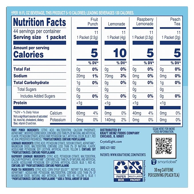 Crystal Light Refreshing Drink Mix Variety Pack, 44 Packets, for Convenient Hydration, Lemonade, Raspberry Lemonade, Peach Iced Tea, Fruit Punch, Natural and Artificial Flavor, Zero Sugar, 4.18 oz