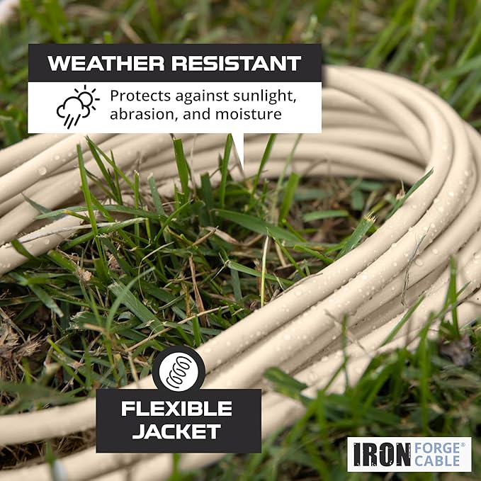 Iron Forge Cable Weatherproof 25 Ft Outdoor Extension Cord - 16/3 SJTW Heavy Duty Light Brown Extension Cord 3 Prong - 13 Amp Exterior Power Cable