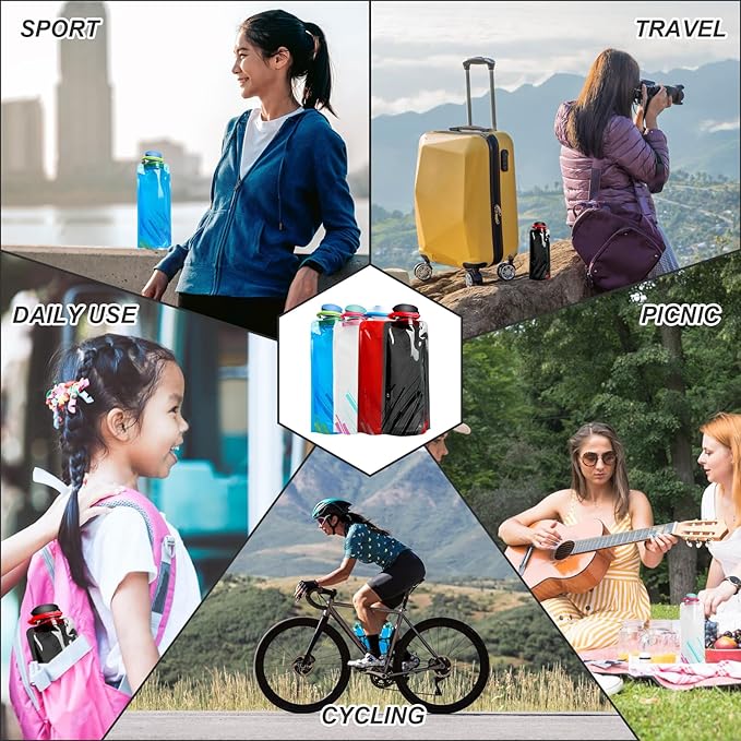 4 Pack 700 ml Collapsible Water Bottle,Portable Leakproof Bag for Drinking Foldable Flat Water Bottles for Camping Traveling Biking Hiking