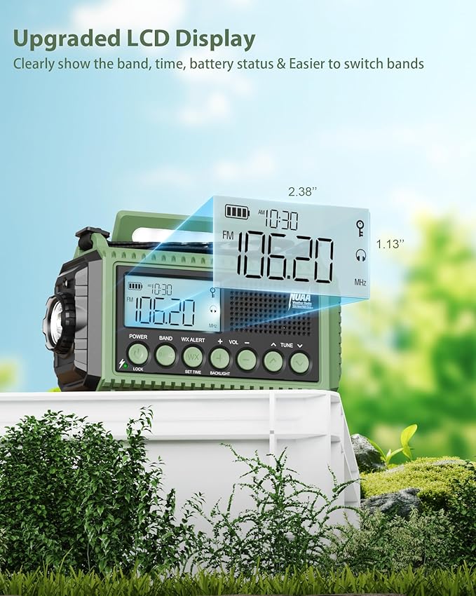 Emergency Weather Radio, Hand Crank 12000mAh Battery Powered Auto Alert NOAA Radio,130H Runtime, LCD Digital Display, SOS, Flashlight,Phone Charger, Solar Portable AM/FM/SW Radio for Emergency/Outdoor