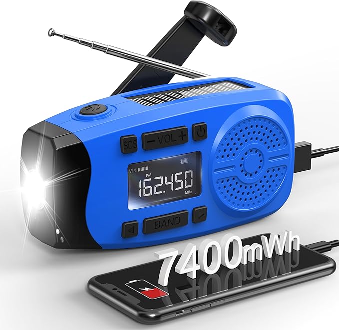 Runningsnail Emergency Weather Radio, 7400mWh Hand Crank Emergency Radio with LCD Display, Support Weather Alert Radio, USB/Solar/Hand Crank,1W Flashlight&SOS Alarm for Outdoor&Home Emergency (Blue)