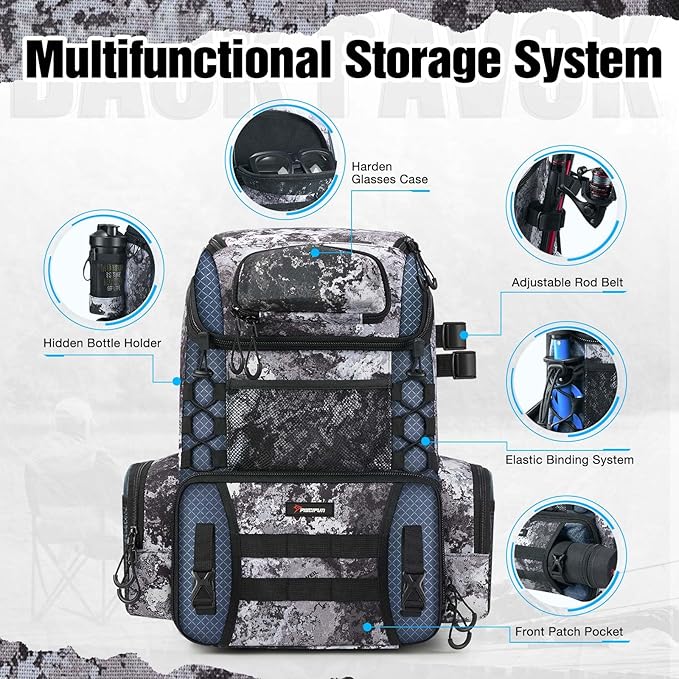 Piscifun Fishing Tackle Backpack with Rod Holders & 4 Tackle Boxes, 42L Outdoor Fishing Bag with Waterproof Rain Cover
