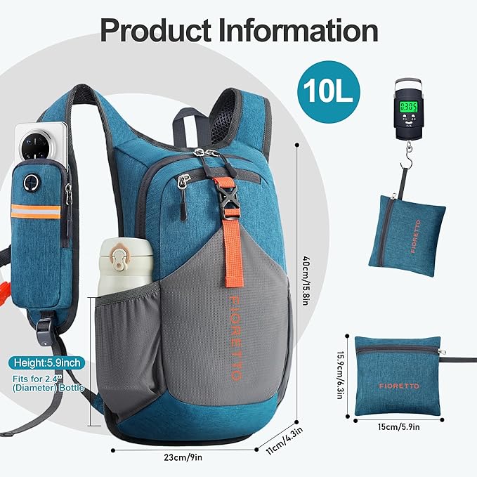 FIORETTO 10L Hiking Backpack for Women Men Mini Packable Backpack Lightweight Small Daypack for Camping Travel Outdoor, Turquoise