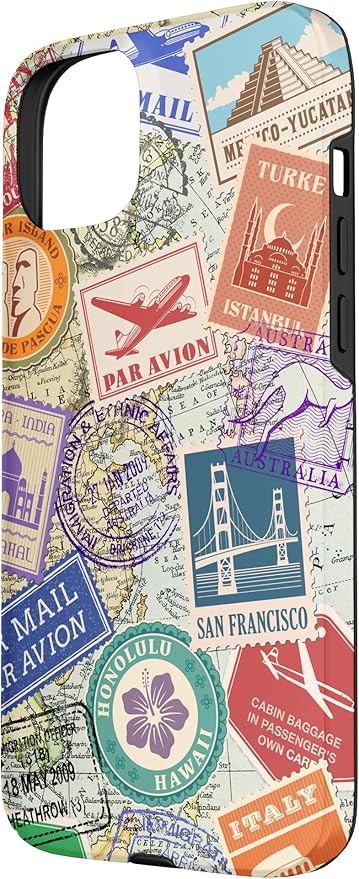 World Map Travel Passport Stamps Postage Stamp Case for iPhone 15 Plus