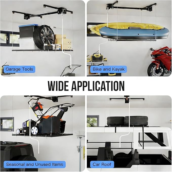 4x4 FT Overhead Garage Lifting Storage Rack, 350 lbs Capacity & 79" Lifting, Metal Garage Ceiling Rack, Adjustable Storage System with Safety Lock