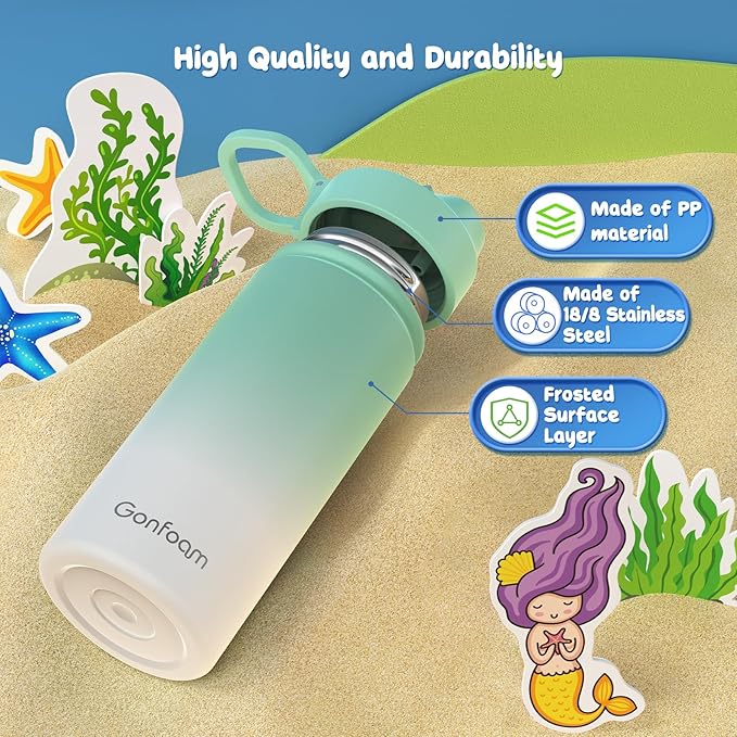 Kids Water Bottle, 16oz Kids Water Bottle with Stickers for School, insulated Stainless Steel Straw Cup(Green/White)