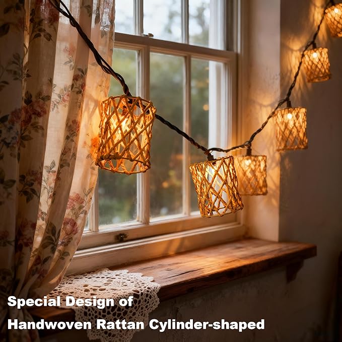 Decorative String Lights Plug in with 10 Incandescent Bulbs, Handwoven Rattan Cylinder-shaped Boho Lantern String Lights Connectable Weatherproof Outdoor Indoor for Bedroom Patio Pergola Decor (Beige)
