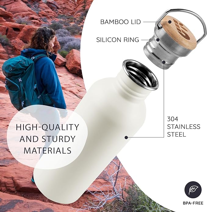 Bambaw Stainless Steel Water Bottle, 750 ml, White Sports Bottle, Non-Insulated Water Bottle, BPA-Free Bottle, Steel Bottle, Reusable Water Bottle – Polar White
