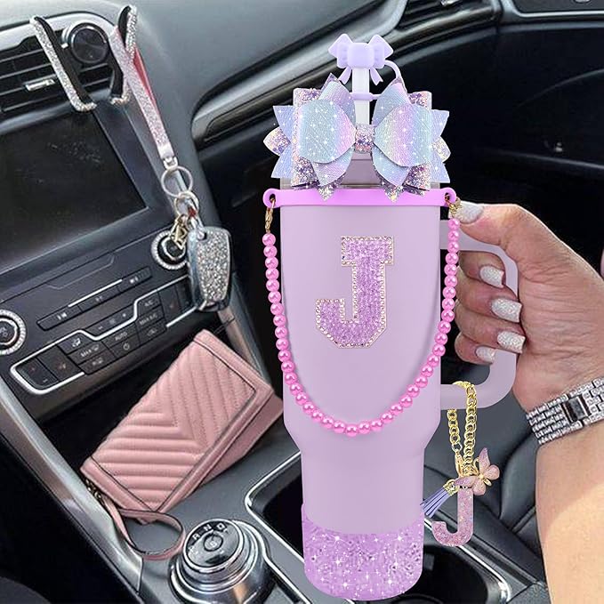 9PCS Purple for Stanley Cup Accessories Set Bling Initials Bow Charms for Stanley Decorations 30/40 Oz Tumbler Accessories Including Bow Straw Topper, Handle Strap, Spill Stopper（Letter J）