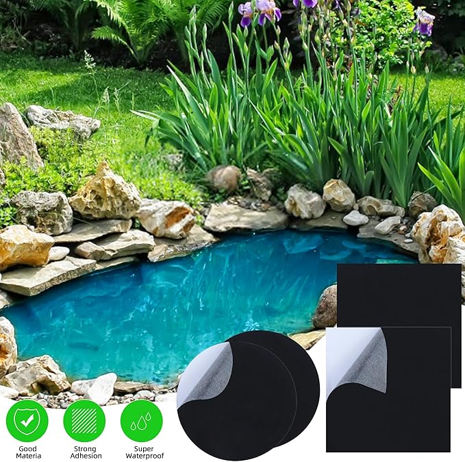 4 Pcs 8 x 8 Inches Pond Liner Repair Patch Kit EPDM Butyl Rubber Liner Patch Kit Self-Adhesive Waterproof Patch for Ponds Roofs Trampolines Durable Black Round Square Shapes