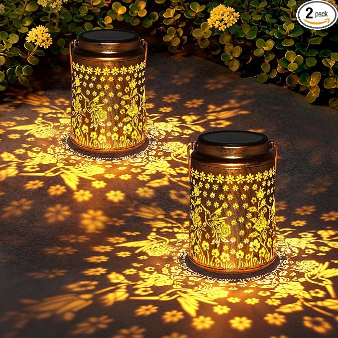 2 Pack Solar Lanterns Outdoor Waterproof Hummingbird Garden Decor Gift for Women, Mom, Grandma, Metal LED Decorative Hanging Light for Yard, Patio, Lawn