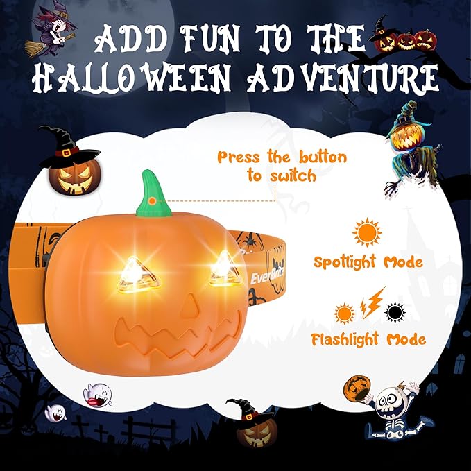 EverBrite Halloween Pumpkin Headlamps 2 Pack, 2 Modes LED Head Lamps Adjustable Headband, Pumpkin Lights for Halloween Party and Decorations, Orange Spot & Strobe Lights Halloween Gifts