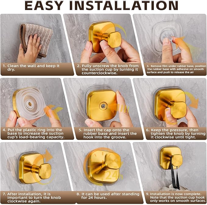 Suction Cup Hooks for Shower Heavy Duty No-Drill– Reusable Multi-Purpose Hooks Adheres to Glass, Mirrors, Tiles & Smooth Surfaces for Towels, Robes, Loofah& Body Sponge (4, Brushed Gold)