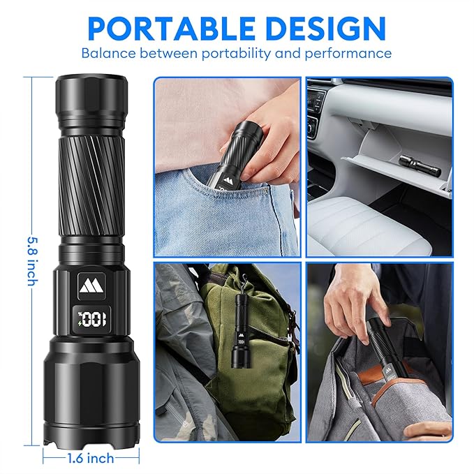 3 Pack Rechargeable Flashlights High Lumens, Super Bright LED Tactical Flashlight with LCD Power Display, Zoomable Flashlights 15H+ Runtime, IP65 Waterproof Flashlights for Home Emergency Camping