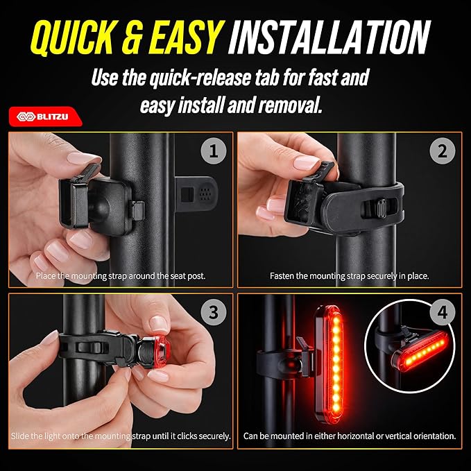 BLITZU USB-C Rechargeable Bike Tail Light 2 Pack, Bright Bicycle Rear Cycling Safety Flashlight Accessories for Night Riding, Cyborg 120T, 4 Light Modes for Adults Kids Men Women Road Mountain